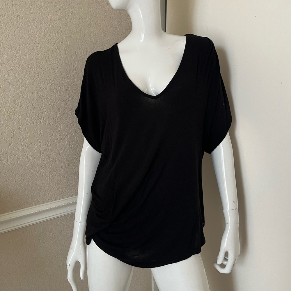 SUPERSTAR NEW! Black Viscose Knit Slouchy V-Neck Ruched Hem T-Shirt Sz S